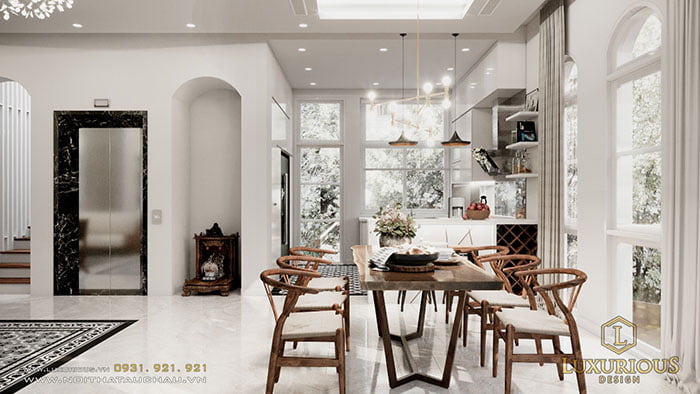 Phòng ăn ấm cúng sang trọng với bộ bàn ghế ăn hiện đại, màu gỗ tự nhiên thư giãn