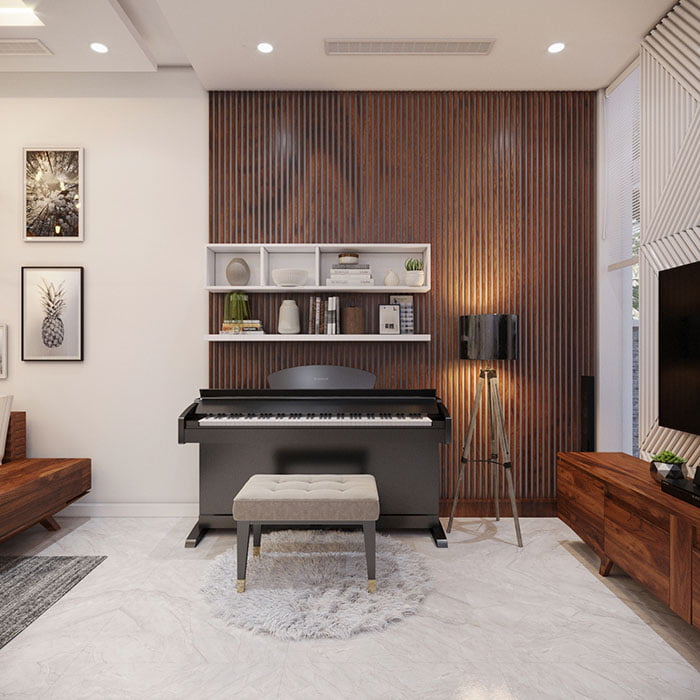 Chiếc đàn piano được bố trí ngay phòng khách giúp cho không gian đậm chất nghệ thuật