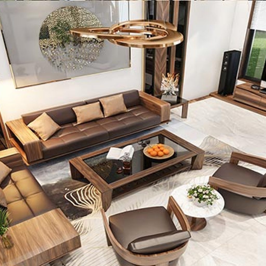 Phòng khách biệt thự hiện đại thêm đẹp và sang trọng với chất liệu gỗ óc chó