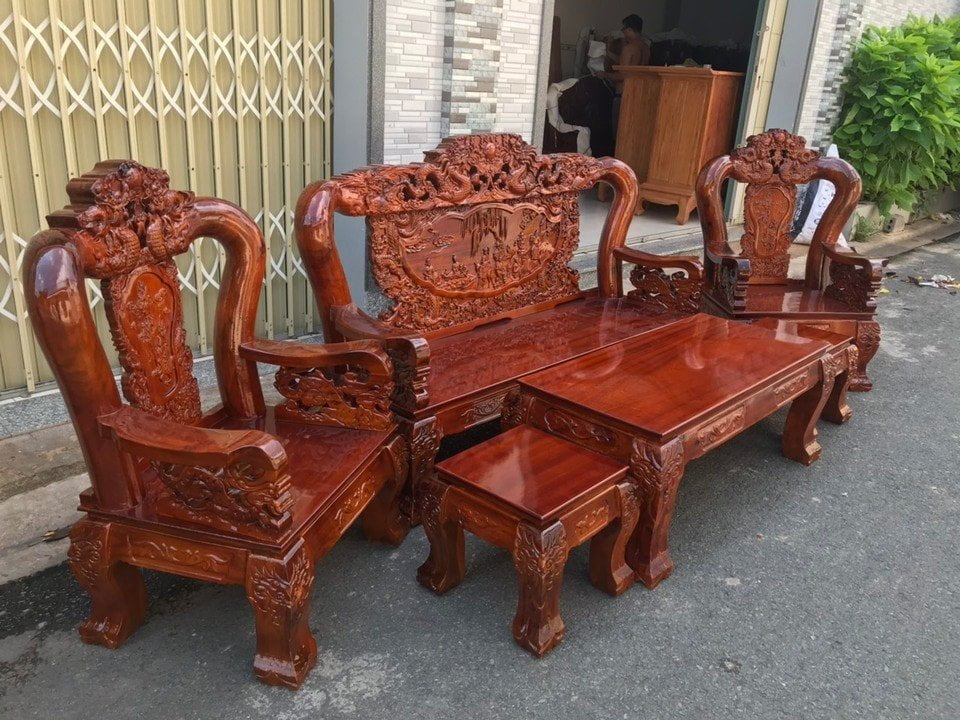 Bộ bàn ghế gỗ hương tay 12 rồng bát tiên tinh xảo