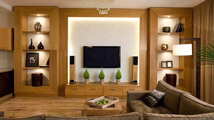 Tủ âm tường trang trí phòng khách bằng gỗ tự nhiên