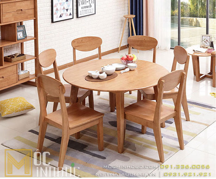 Bộ bàn ăn 6 ghế gỗ sồi bàn hình tròn