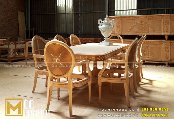 Mẫu bàn ăn 8 ghế phôi gỗ sồi
