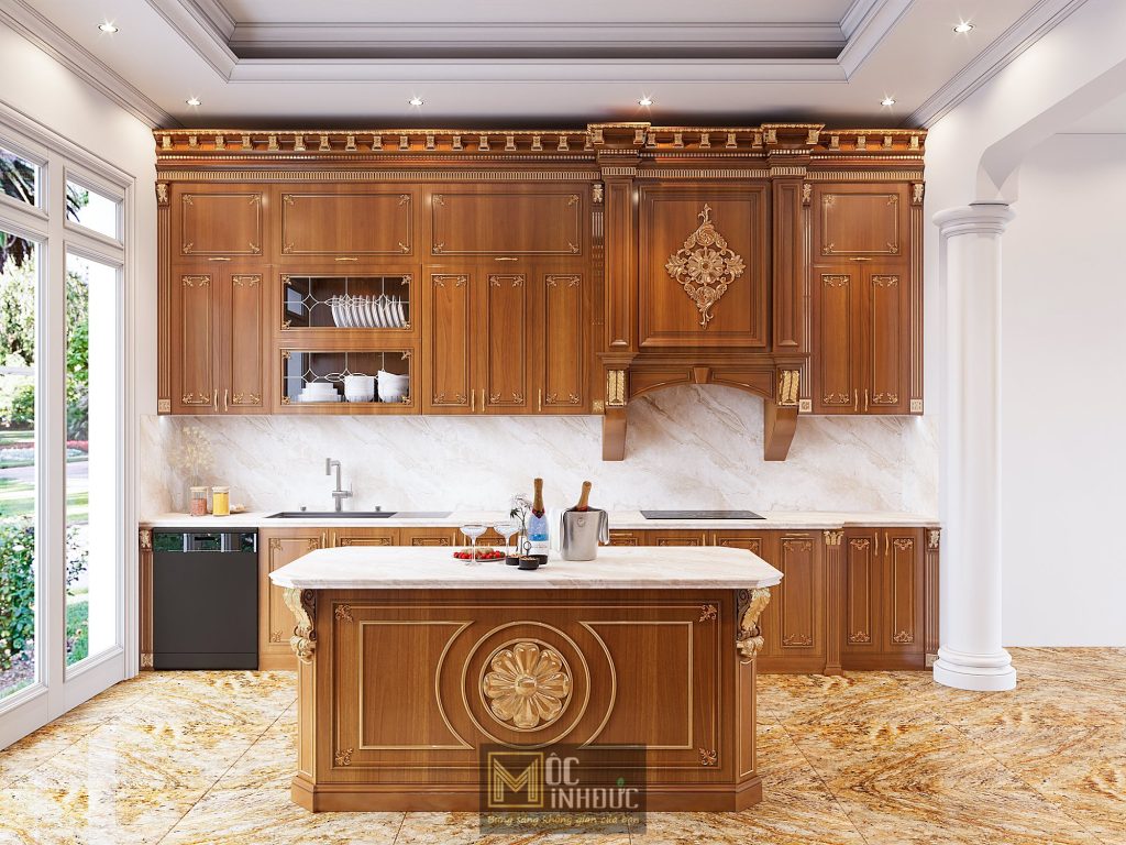 Thiết kế tủ bếp Tân cổ điển dát vàng sang trọng