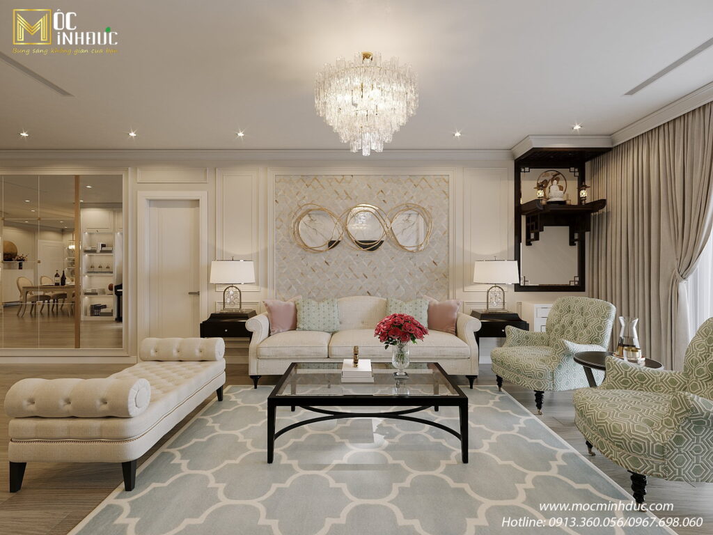 Phong cách thiết kế nội thất kết hợp giữa yếu tố cổ điển và hiện đại, tạo ra không gian vừa sang trọng vừa ấm cúng.
