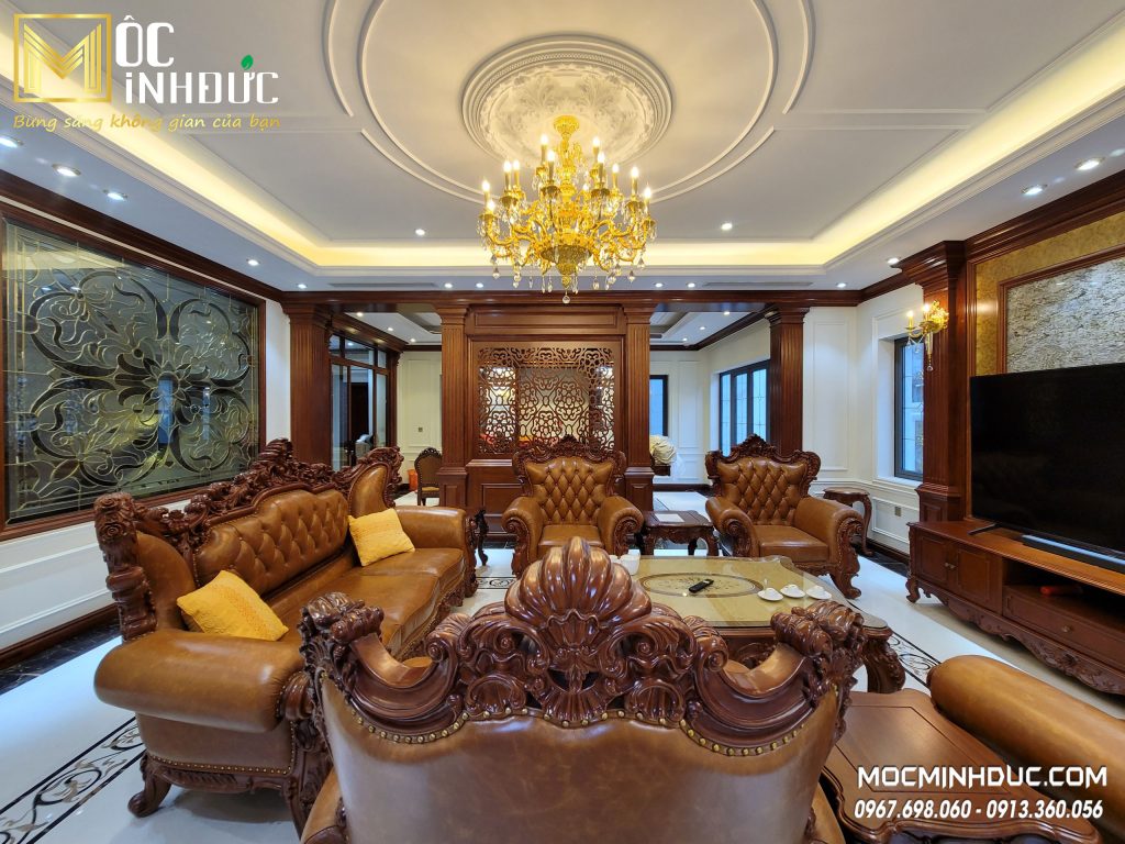 Sofa Tân cổ điển bọc da được sản xuất hoàn thiện bởi nhà máy Mộc Minh Đức