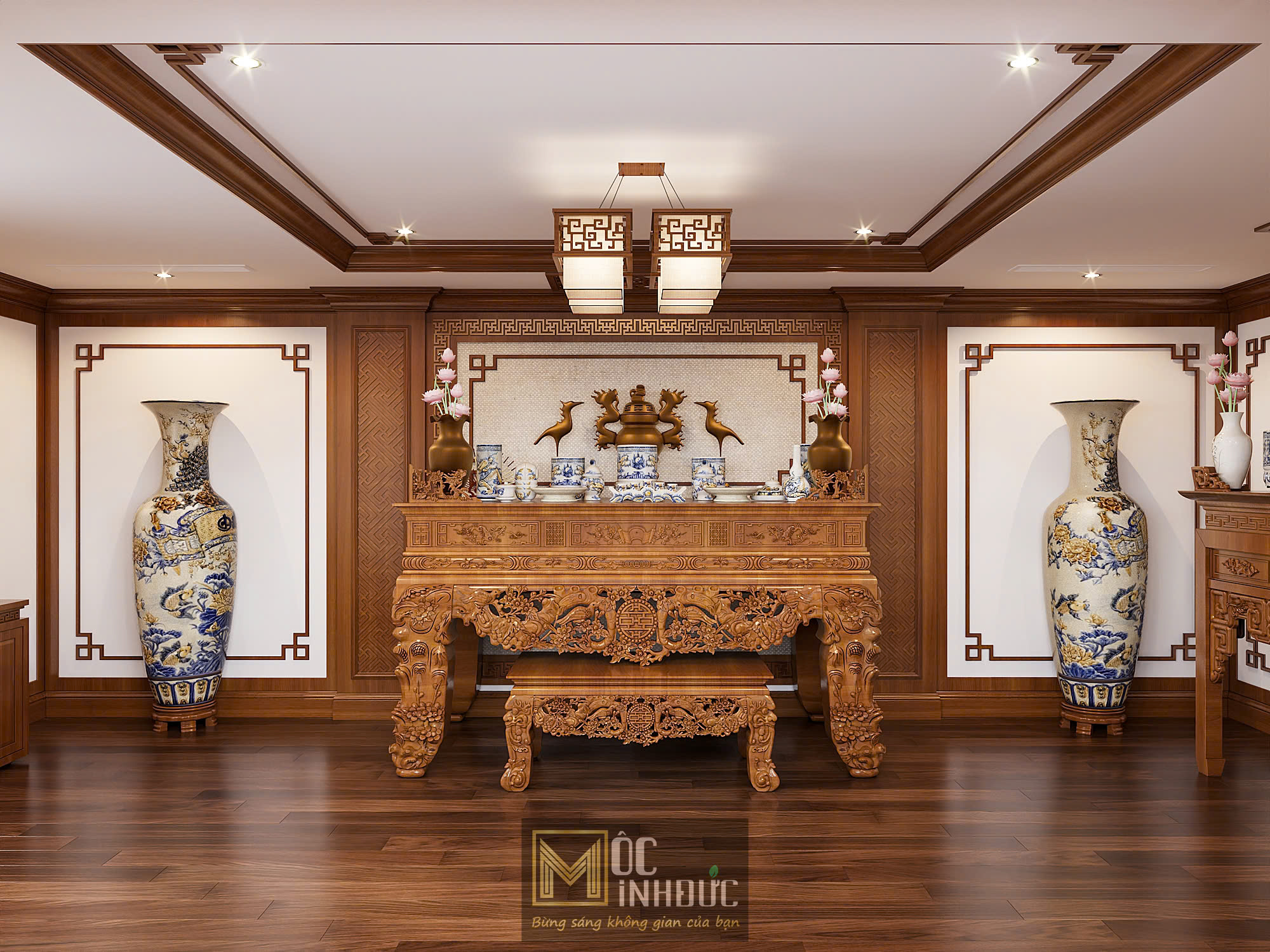 Thiết kế nội thất phòng thờ gỗ Gõ đỏ trang nghiêm và sang trọng