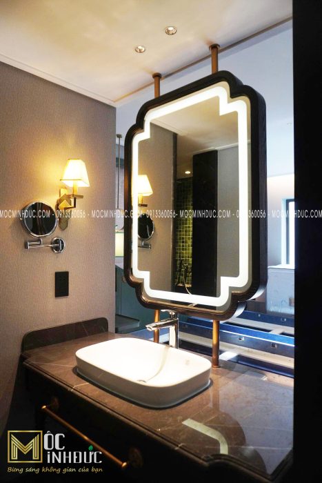 Nội thất khách sạn cao cấp với hệ thống Lavabo với vách gương ngăn phòng 2 mặt đẹp đầy ấn tượng
